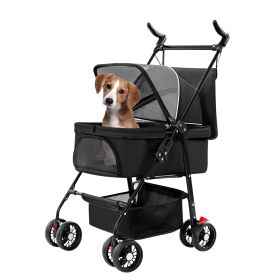 4 Wheels Pet Stroller Foldable Carrier Strolling Cart Travel Jogger Pet Stroller With Removable Liner Storage Basket For Dog Cat (Color: Black)